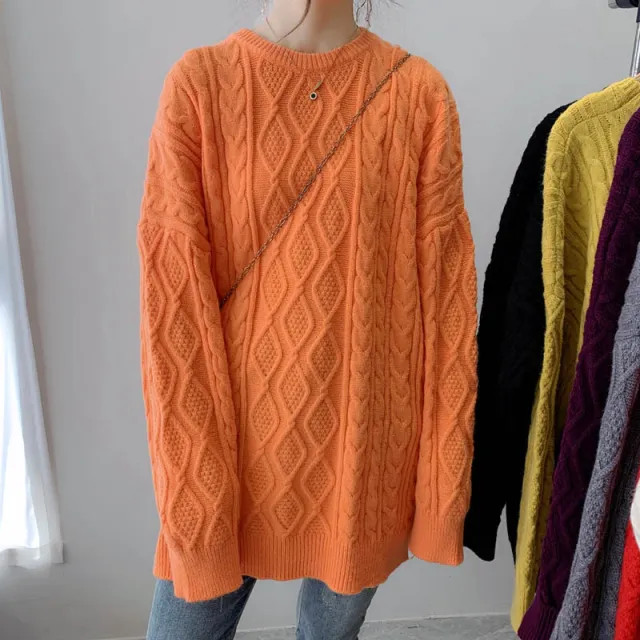 Girls' Mid length Thickened Sweater Korean Style Lazy Style Loose Pullover Solid Color Crew Neck Coat Yellow - Shop at LoveMi