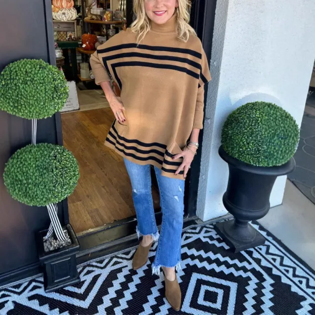 Women's Turtleneck Knitting Batwing Sleeve Striped Sweater Camel - Shop at LoveMi