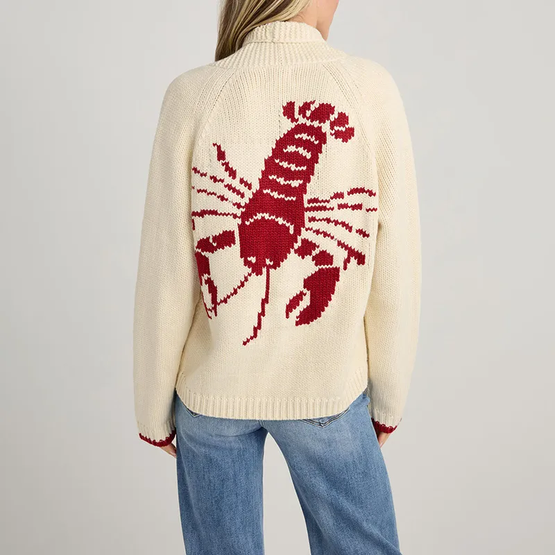 Women's Cardigan Long Sleeve Shrimp Printed Knitted - Red