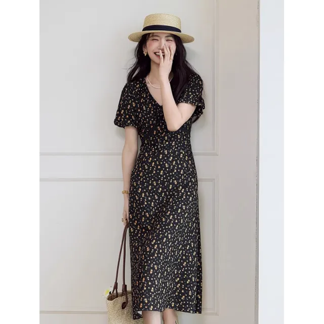 French Elegant Waist Slimming V neckline Chiffon Dress Women Black - Shop at LoveMi