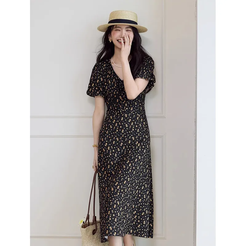 French Elegant Waist Slimming V-neckline Chiffon Dress Women - Black