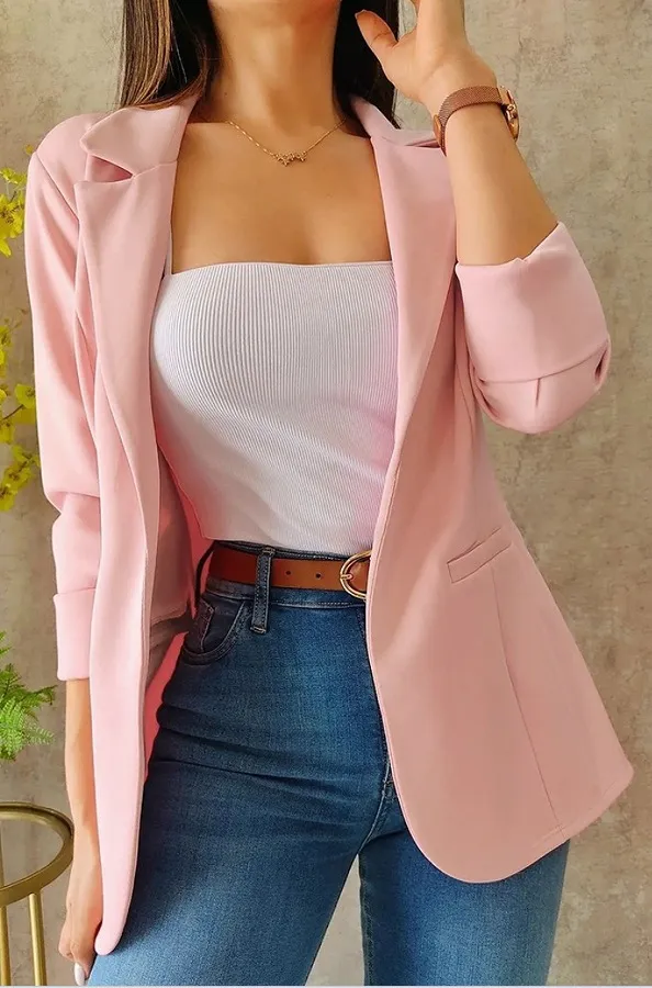 Solid Color Minimalist Long Sleeve Blazer Collar Coat Pink - Shop at LoveMi