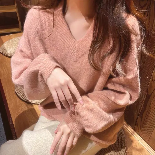 Female Pure Color All matching Loose V neck Sweater Pink - Shop at LoveMi