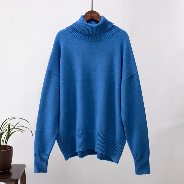 Women's Fashionable All match Solid Color Turtleneck Sweater Blue - Shop at LoveMi