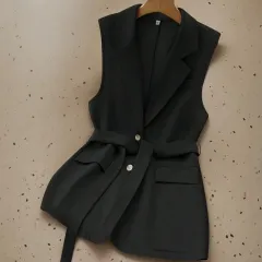 Womens Solid-Color Blazer-Style Loose-Fit Vest With Ties - Black - View 1
