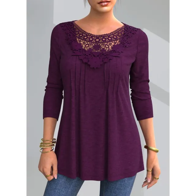 Women's Plus Size Long Sleeve Lace Autumn Loose Top T shirt Purple - Shop at LoveMi