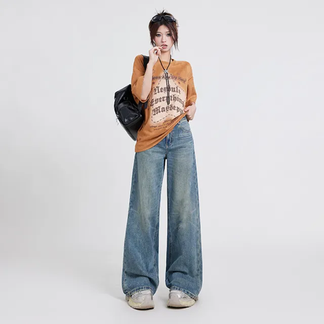 Wide Leg Jeans Women's High Waist Baggy Straight Trousers Washed Blue Trousers - Shop at LoveMi