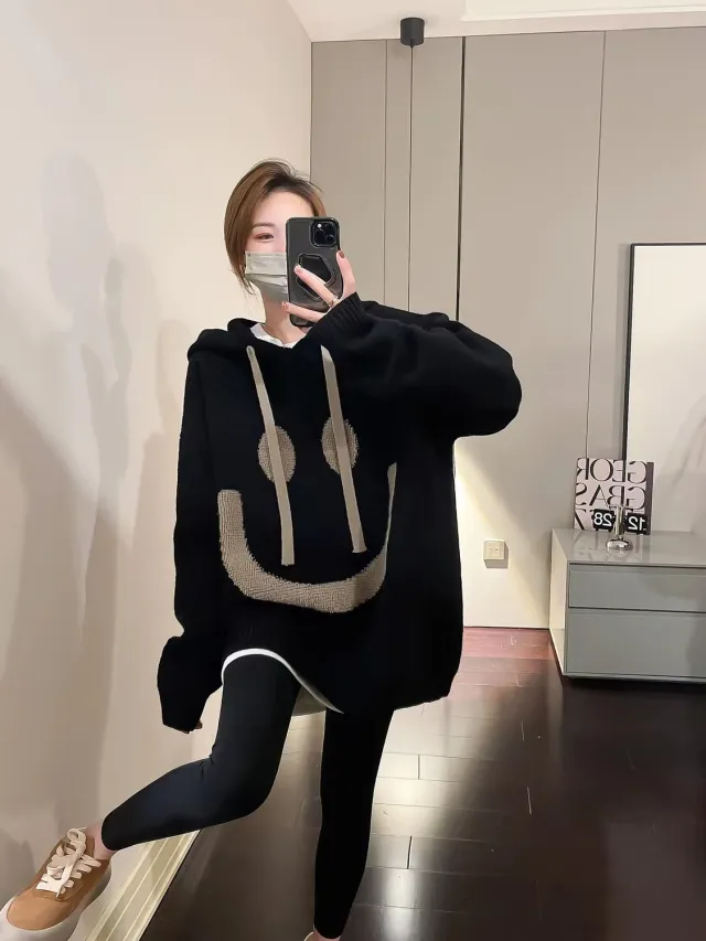 Soft Glutinous Beige Smiley Face Hooded Sweater Women's Autumn And Winter New Lazy Black - Shop at LoveMi