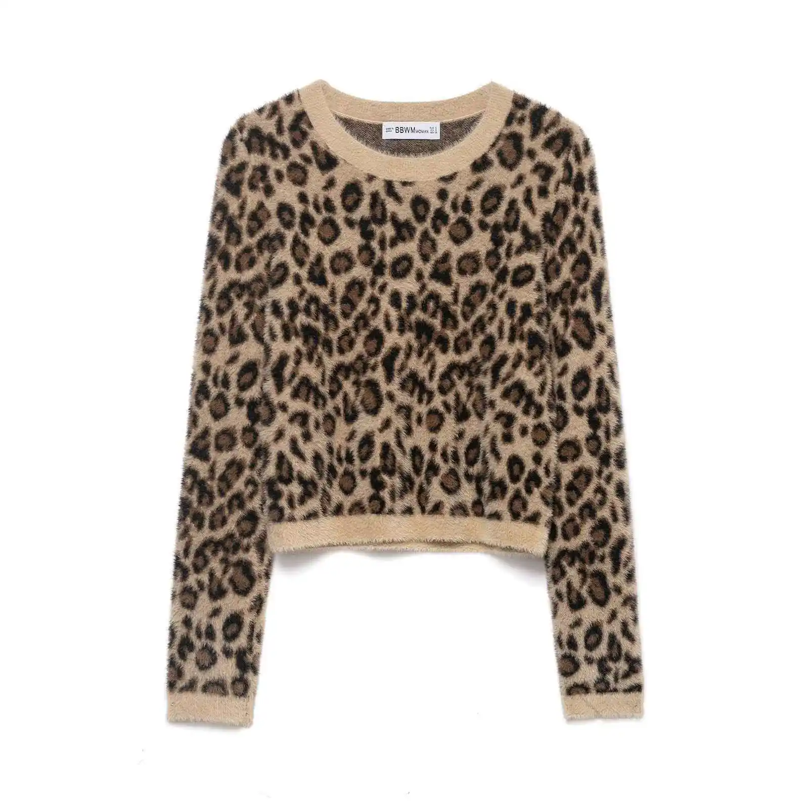 Retro Leopard-Print Crew-Neck Cropped Knitted Sweater