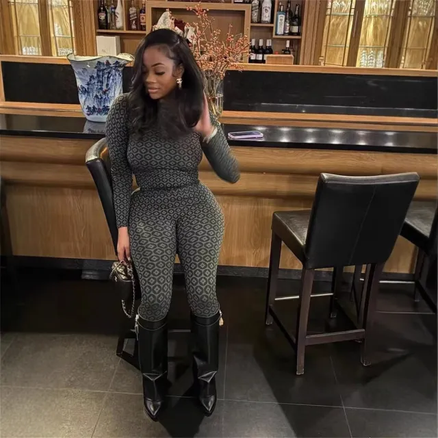 European And American Fashion Slim Elastic Printed Long sleeved Round Neck Jumpsuit Gray - Shop at LoveMi