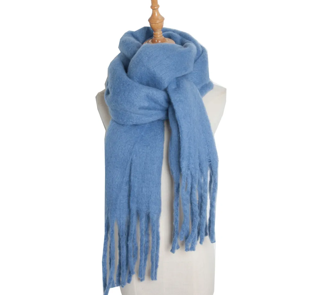 New Women's Shawl Long Fringe Thick Straw Thick Scarf - 08 Denim Blue