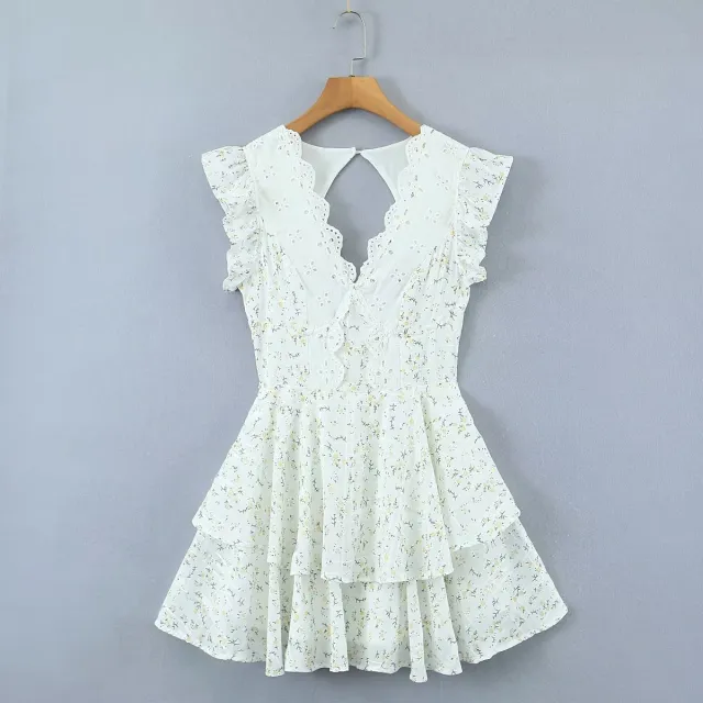 Early Spring New Lace Embroidered Printed Tight Waist Dress V neck Backless Skirt White - Shop at LoveMi