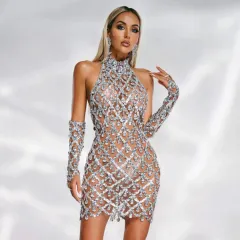 High-end Women's Heavy-duty Rhinestone Plaid Sequined Gloves Ultra-short Dress - Apricot - View 1