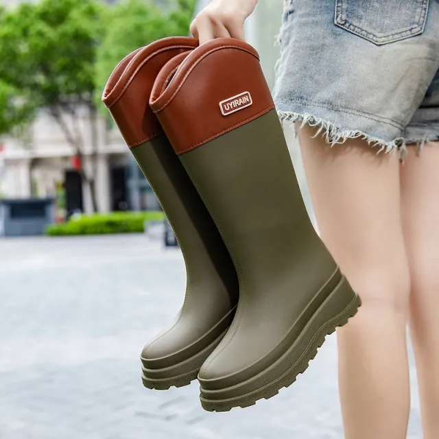 New High Tube Stylish Rain Boots Outdoor Waterproof Green - Shop at LoveMi