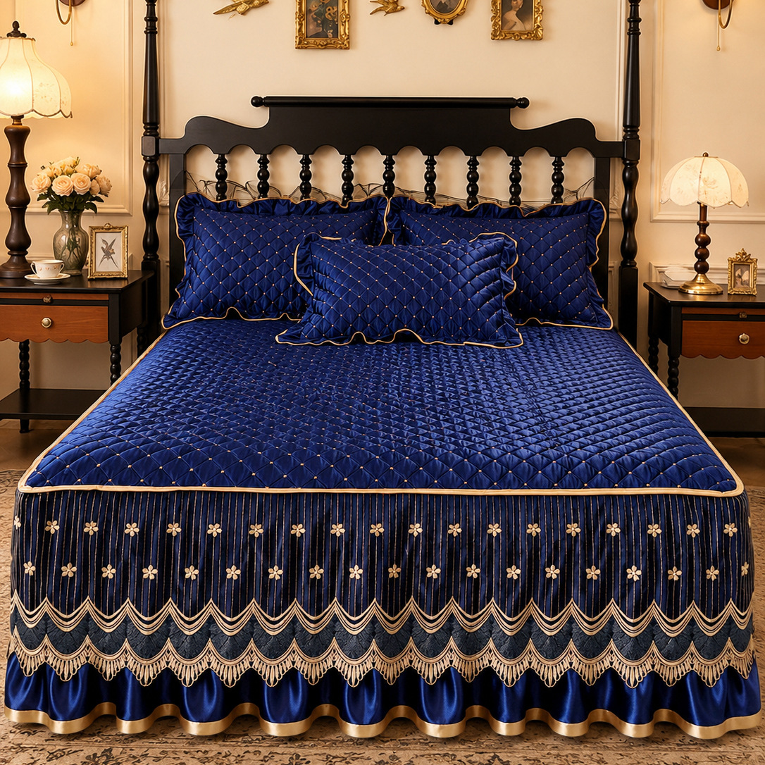 Satin Bed Skirt With Quilted Lace Bed Sheet And Hem Edge