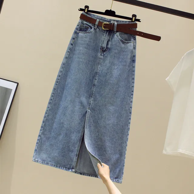 Women's Mid length Skirt For Spring And Summer High Waist Slit Denim Blue - Shop at LoveMi