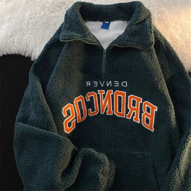 Retro Lapels Embroidery Half Zipper Cashmere Hoodie Green - Shop at LoveMi