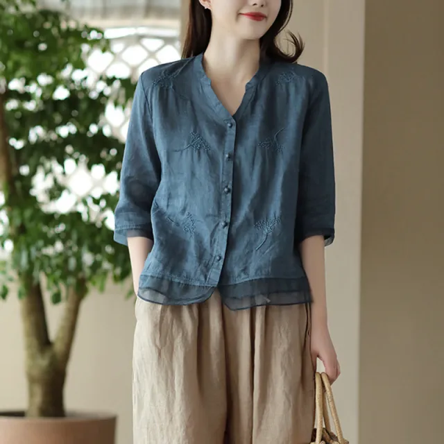 Retro Easy Matching Shirt Artistic Yarn Embroidery Printed Shirt Blue - Shop at LoveMi
