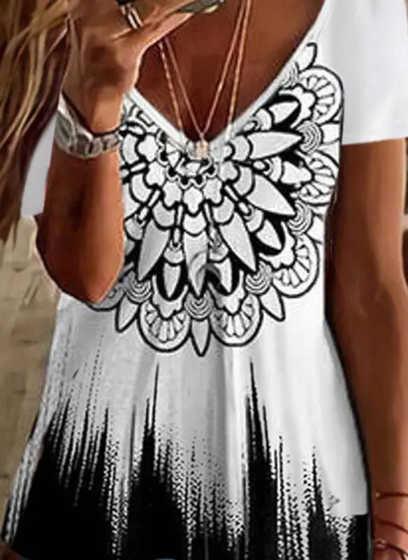 Stand Temperament Commute V neck Short Sleeve Loose Pullover Print Mid length T shirt White - Shop at LoveMi