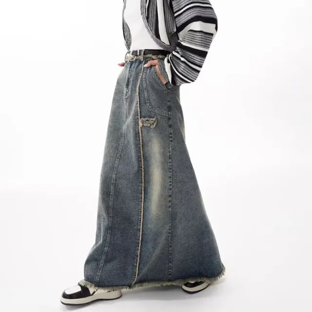 American Style Distressed Raw Edge Denim Skirt Plus Size Women Blue - Shop at LoveMi