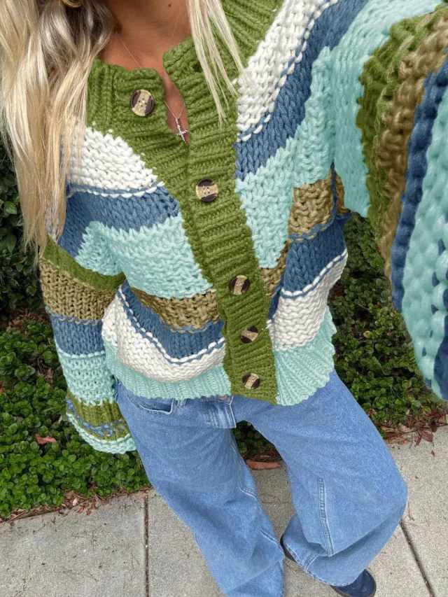 Ladies Striped Thick Needle Button Cardigan Sweater Blue - Shop at LoveMi