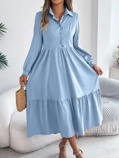 Women's Lapel Casual Loose Long Sleeve Ruffled Shirt Dresses Long Sleeved Turn-down Collar Single-Breasted Dress Spring Autumn Fashion Women's Clot... - View 1