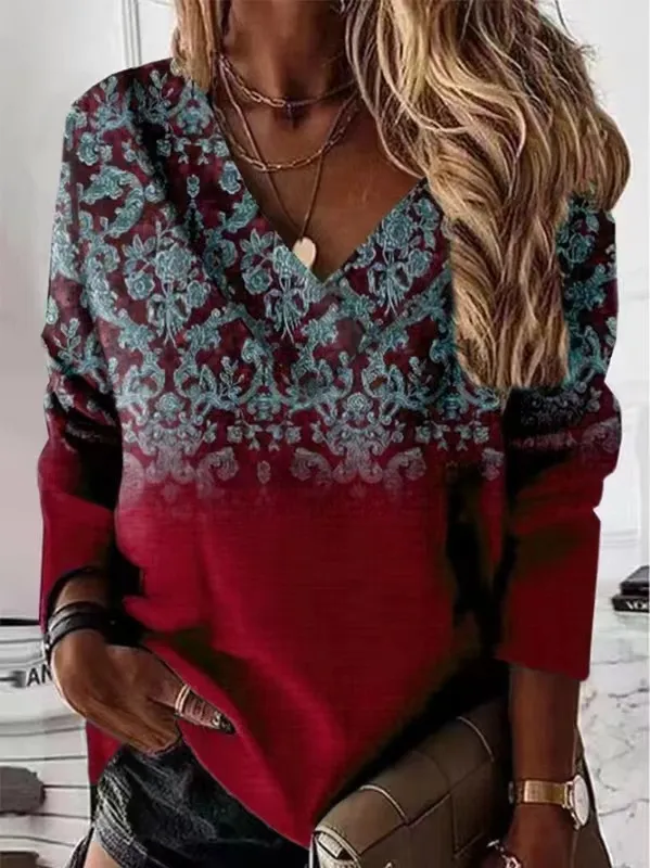 Retro Printed V neck Long sleeved T shirt For Women Wine Red - Shop at LoveMi