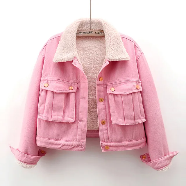 Lamb Wool Fleece lined Thickening Denim Jacket Pink - Shop at LoveMi