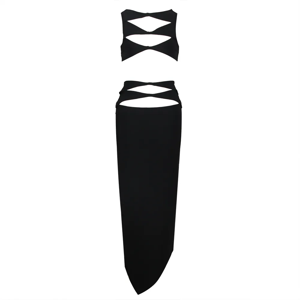 Women's Fashion Hollowed-out Short Top Skirt Suit - Black