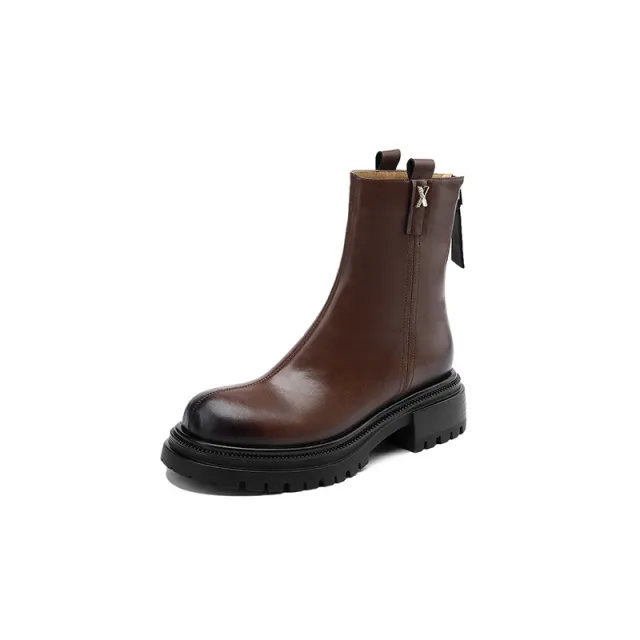 Round Head Chunky Heel Inside And Outside Leather Color Matching Smoke Tube Ankle Boots Brown - Shop at LoveMi