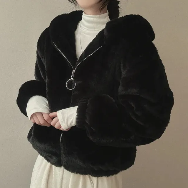 South Korea French Minority Zipper Hooded Warm Casual Sports Plush Coat Black - Shop at LoveMi