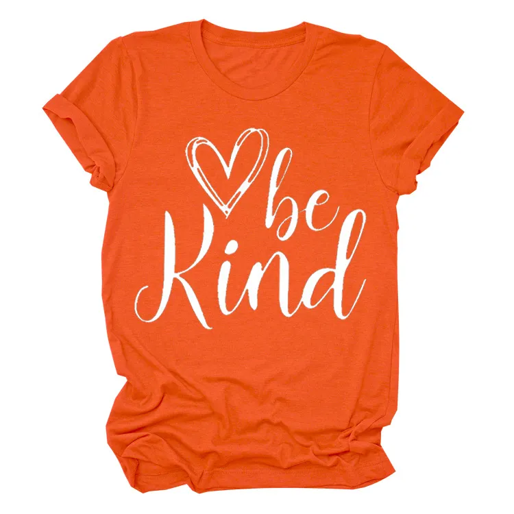 Heart Trendy Short Sleeve Crew Neck T-shirt Top - Orange White Font