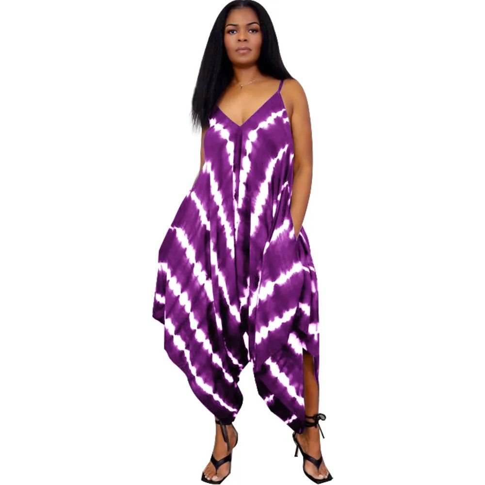 European And American Positioning Printing Fashion Loose Sleeveless Split Jumpsuit - Purple