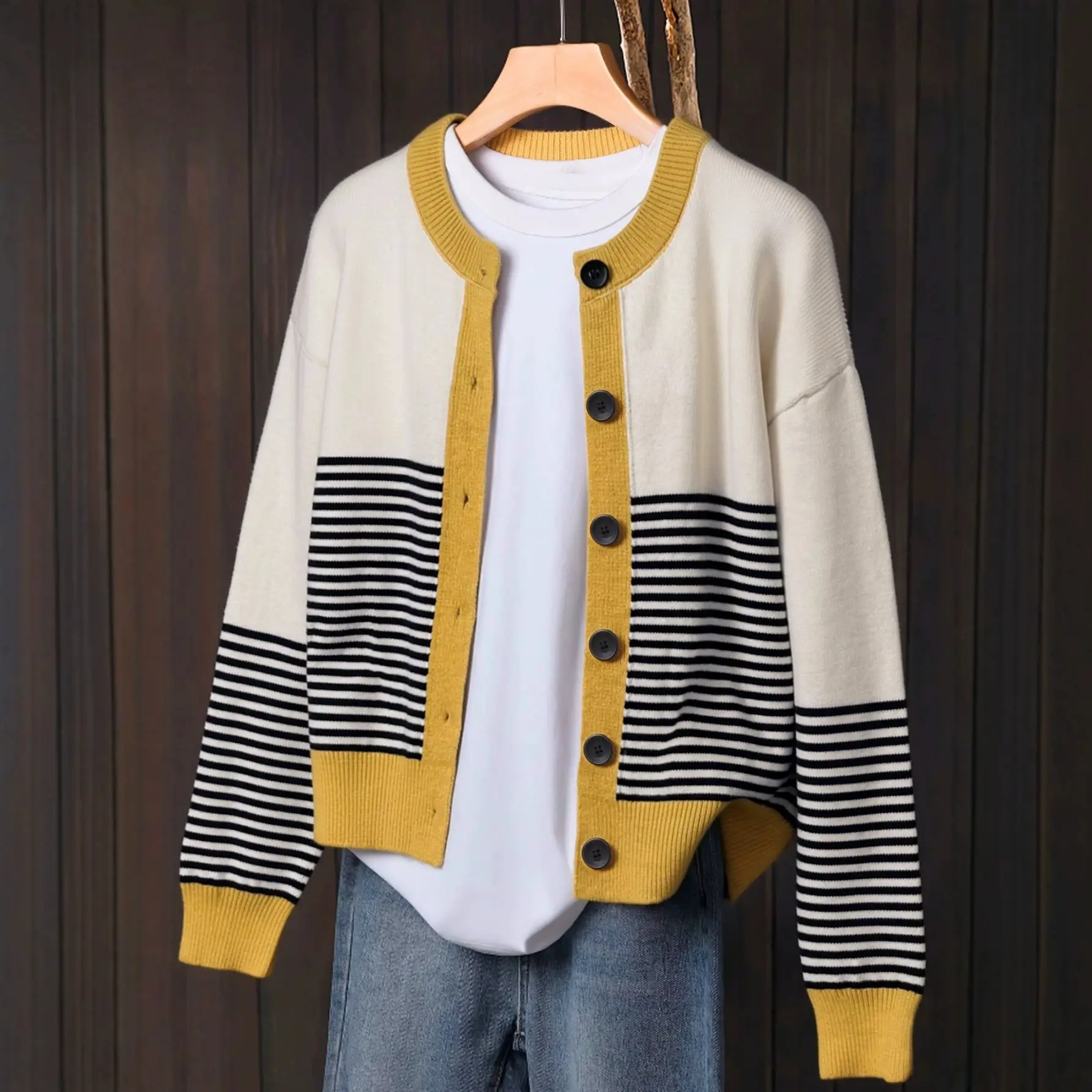 Womens Striped Color-Block Patchwork Button-Down Sweater