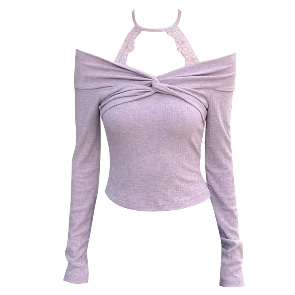 Pure Purple Off-shoulder Halter Knitted Bottoming Shirt - Purple