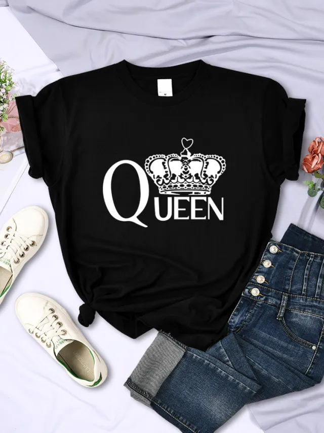 Queen'S Big Crown Printed Women T Shirts Breathable Summer Black - Shop at LoveMi