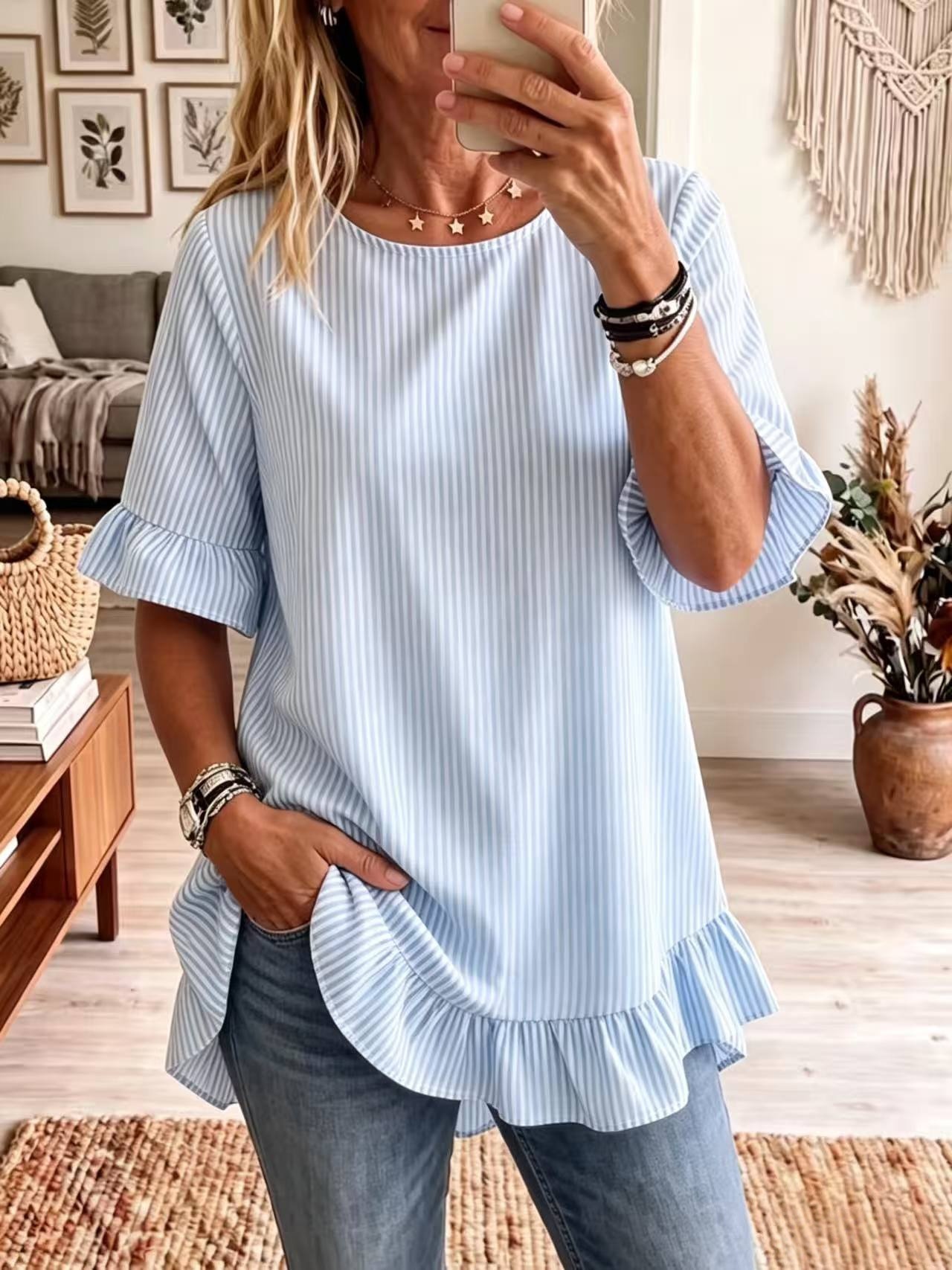 Women's striped ruffle-sleeve blouse in violet – loose-fit three-quarter sleeve casual pullover