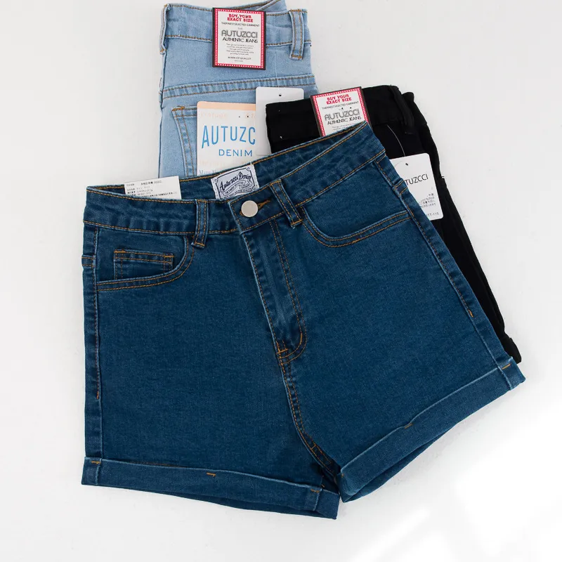 Women's Solid Color High Waist Curl Denim Shorts - Blue