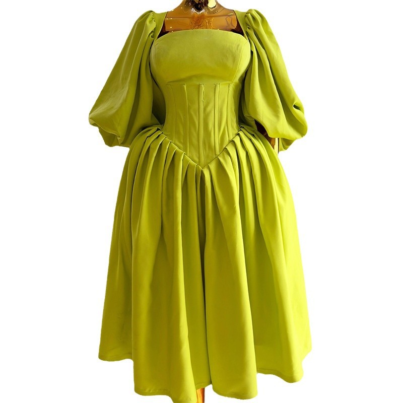 Women's Square Collar Waist Girdling Band Lantern Sleeve A- Line Dress