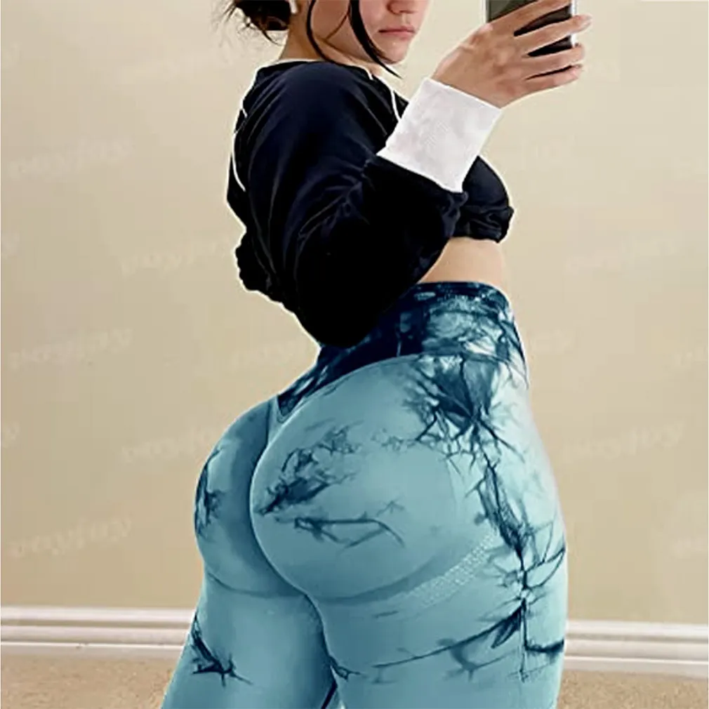 Tie-dye Peach Hip Yoga Pants Plus Size Seamless Hip-lifting Trousers - Light Green And Blue