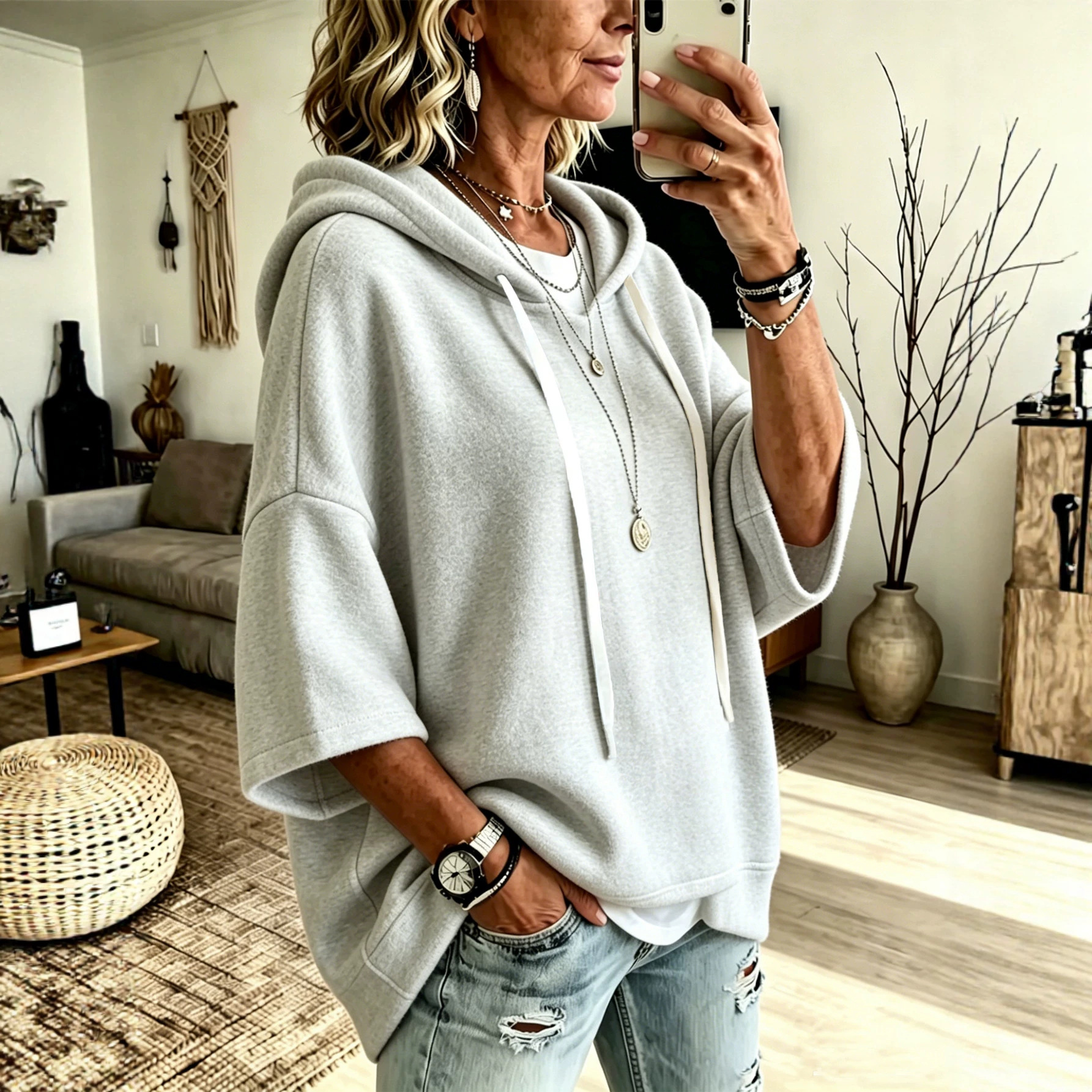 Womens Loose-fitting Hooded Top With Three-quarter Sleeves — foto 6