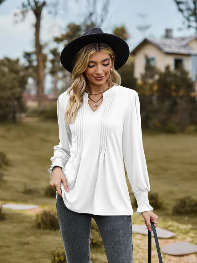 Women's Solid Color Striped Puff Sleeve V neck Smocking Long Sleeve Top White - Shop at LoveMi
