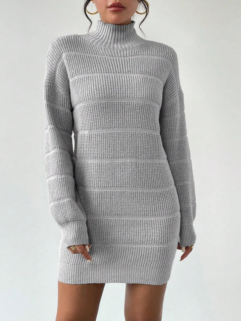 European And American Autumn And Winter Half-high Collar Knitwear Dress - Light Grey