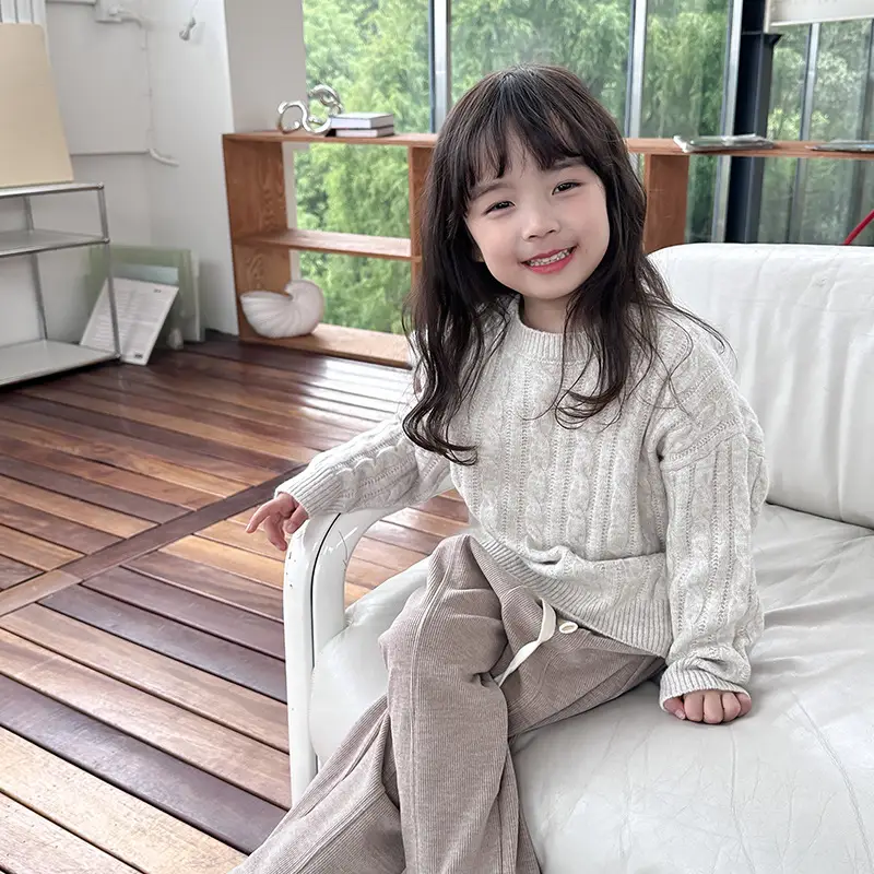 Girls' Comfortable Fashionable Round Neck Twist Knit Cotton Sweater