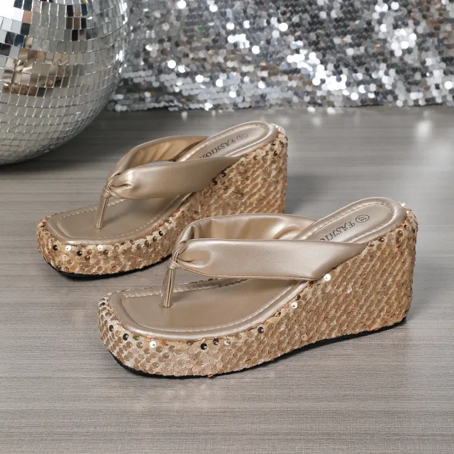 High Heels Wedge Sandals With Sequins Shiny Height Increasing Platform Flip Flops Women's Thick Bottom Shoes Beach Summer Gold - Shop at LoveMi