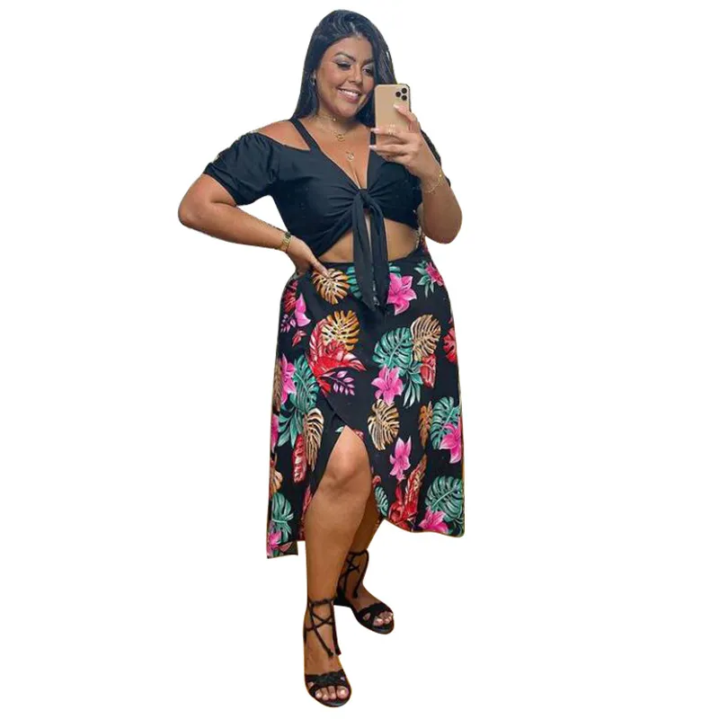 Digital-print Casual Women's Split-style Plus-size Two-piece Set - Black