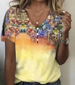 Flower Series 3D Printed V-neck Button T-shirt Top - Bmjxtx205-M - View 1