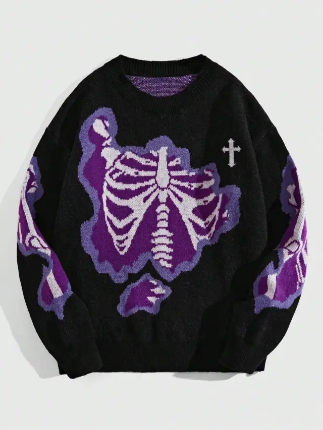 Personality Street Trend Dark Style Skeleton Jacquard Round Neck Pullover Knitted Sweater Black - Shop at LoveMi