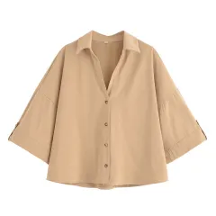 Elegant Lapel Short-sleeved Shirt With Belt Loose Pleated Shorts - Khaki Top - View 1