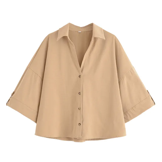 Elegant Lapel Short sleeved Shirt With Belt Loose Pleated Shorts Khaki Top - Shop at LoveMi